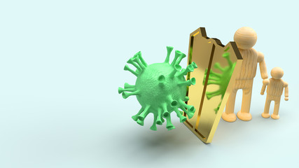 man wooden  and gold shield  for protection virus 3d rendering.