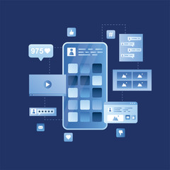 Fototapeta premium Modern smartphone with app buttons on display. Social media content. Social network profile and video,photo,messengers