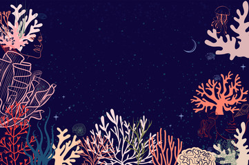 Abstract poster with woman face portrait, underwater world, seaweed and marine animals, plants in one line style. Background for social media minimalistic style. Vector illustration. © miobuono