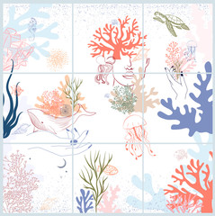 Collection of abstract continuous background for social media with woman face portrait, underwater world, seaweed and marine animals. Types of instagram grid layouts. Vector illustration.