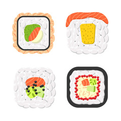 Yummy colored sushi rolls vector icon set. Collection of different flavours and kinds