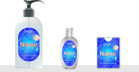 liquid soap and pocket hand sanitizer with label design ready for mock up. vector illustration