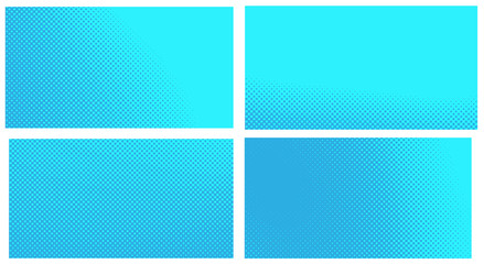 Fototapeta premium Blue pop art background. Abstract creative vector comics style blank layout template with clouds beams and isolated dots pattern. Set for sale banner, empty polka dots bubble