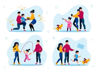 Fototapeta premium Family Relationships Happy Moments Trendy Flat Vector Concepts Set. Parents Celebrating Kids Birthday, Child Playing with Dog, Daughter Jumping on Rope with Father and Mother Isolated Illustrations