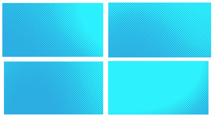Fototapeta premium Blue pop art background. Abstract creative vector comics style blank layout template with clouds beams and isolated dots pattern. Set for sale banner, empty polka dots bubble