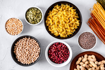 Pasta, lentils, Chickpeas And Beans In Bowls Top View.