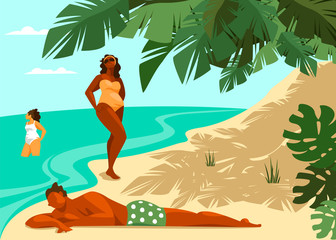 people on the beach. vector illustration of people on vacation. people sunbathe and swim