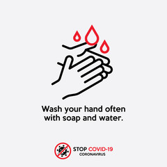 Wash your hands to prevent covid-19 coronavirus poster. Guideline to be safe from disease. Washing hands and water illustration.