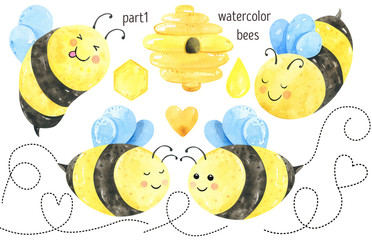 Watercolor cute bee clipart, honey, summer theme. Bug illustrations, honey, beehive funny beetle. Honeycomb background. Honey design. 