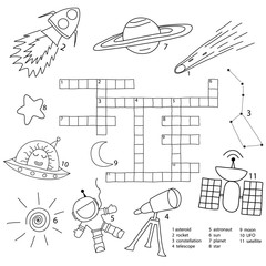 Crosswords puzzle game for preschool kids. Activity worksheet printable version. Vector hand drawn illustration. Kids black and white activity sheet space doodle set