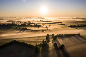 Fototapeta na wymiar Aerial view of fields and trees under with fog