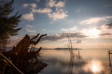 Sunset at Trasimeno lake (Umbria, Italy), with fishing net poles and trees on perfectly still water