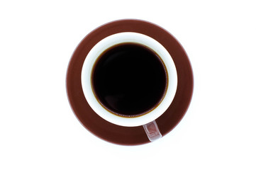 Coffee cup on white background. Top view with morning sunlight