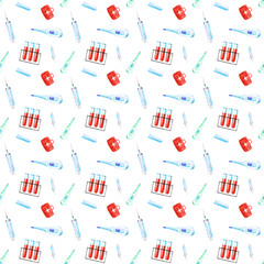 Watercolor medical elements seamless pattern on white background. Colorful hand-drawn clinic icons (test tube, thermometer, pill, syringe) endless print. Wallpaper.