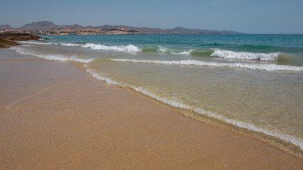 Costa Calma, a shallow-water pristine beach in the south-eastern part of the island, delighting tourists with great swimming and water sports opportunities, in Fuerteventura, Canary Islands, Spain