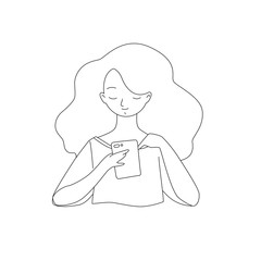 Girl with a phone. Illustration of a young girl looking at a mobile phone. Vector 8 EPS.
