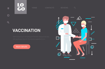 doctor with syringe injecting vaccine shot to woman patient stop coronavirus fight against covid-19 vaccination concept horizontal copy space full length vector illustration