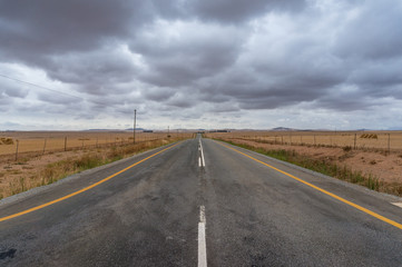 Road background with straight asphalt road and fields
