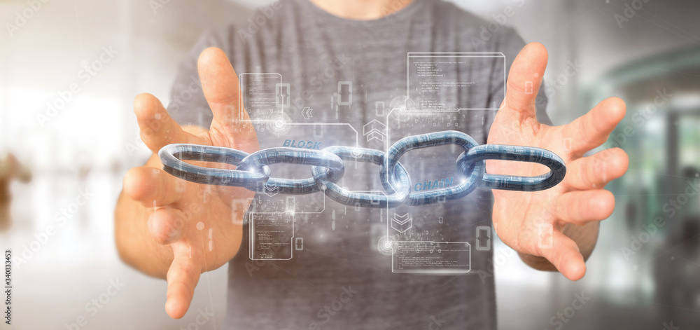 Poster businessman holding a virtual blockcahin with data - 3d rendering