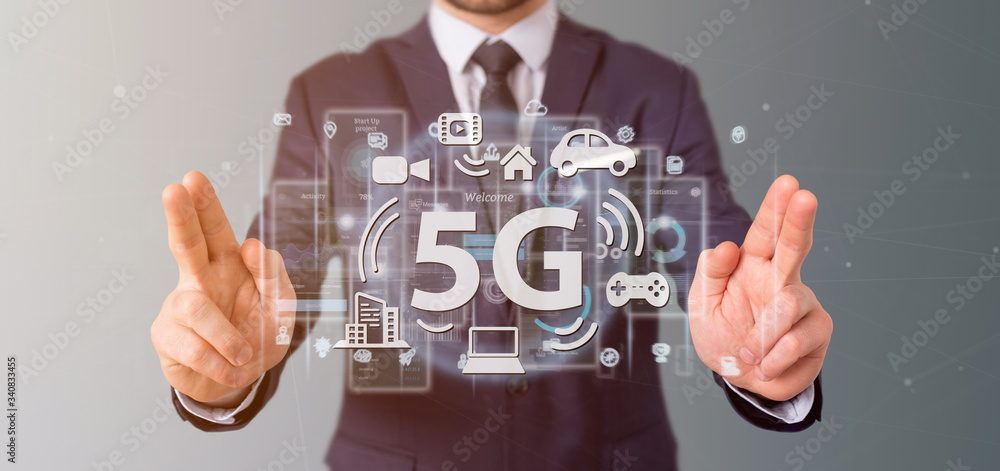 Poster businessman holding a 5g connection with data surrounding - 3d rendering