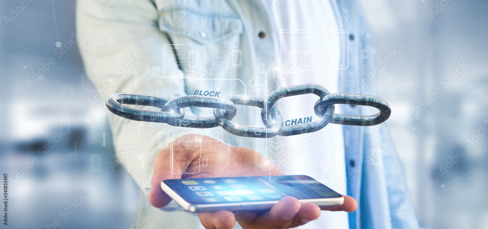 Poster businessman holding a virtual blockcahin with data - 3d rendering