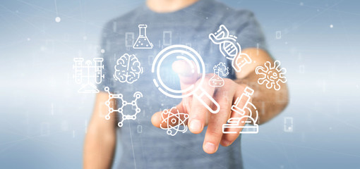 Businessman holding a cloud of science icon