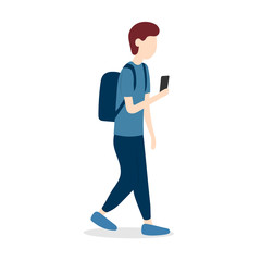 A young man with a backpack walks while looking into a smartphone. Vector illustration isolated on white background.