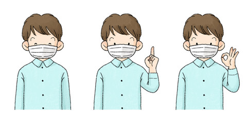 マスクをする子供（小学生、男の子、セット）