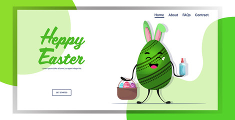 green decorated egg with rabbit ears holding basket and antibacterial spray happy easter spring holiday coronavirus pandemic quarantine concept greeting card lettering horizontal vector illustration