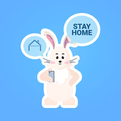 rabbit with stay home chat bubble speech happy easter spring holiday coronavirus pandemic concept cute bunny sticker vector illustration