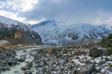 Winter mountain landscape of glacier valley with mountains covered in snow