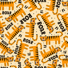 seamless pattern with cartoon tigers, hand drawing lettering, decor elements on a neutral background. Colorful vector flat style for kids. Animals. hand drawing. baby design for fabric, print, wrapper © Ann1988