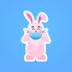 rabbit wearing mask to prevent covid-19 virus spreading happy easter spring holiday coronavirus pandemic concept cute bunny sticker vector illustration