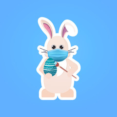 rabbit in mask drawing on egg happy easter bunny sticker spring holiday coronavirus covid-19 pandemic quarantine concept vector illustration