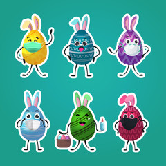 set decorated eggs with rabbit ears in medical masks happy easter spring holiday coronavirus pandemic quarantine concept stickers collection vector illustration