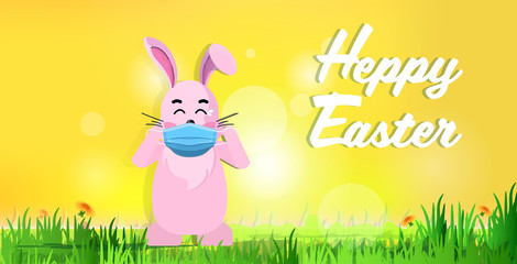 rabbit wearing mask to prevent covid-19 coronavirus pandemic quarantine happy easter spring holiday concept landscape background horizontal lettering greeting card vector illustration