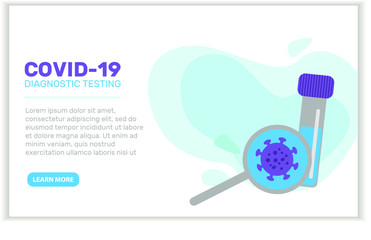 Cell COVID-19 was detected in a test tube with green contents under a magnifying glass. Creative website template. The laboratory analyzes the mucus content for the presence of a positive or negative 