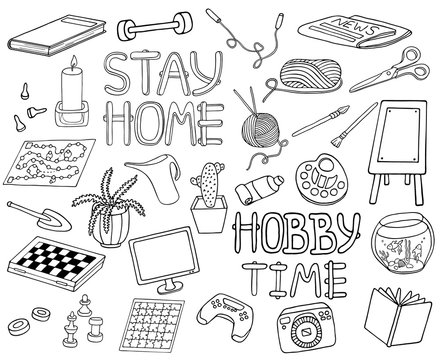 Outline doodle hobbies set. Stay home concept. Top table and video games, painting, reading, sport, knitting, gardening vector illustration. Hand drawn elements for coloring, banners, design