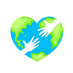 human hands in the globe heart shape. Cooperation and .participation concept. World Environment Day icon design of poster, card and banner. Illustration isolated on white background.