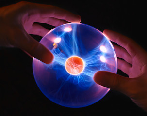 male hands with magic fire ball - obrazy, fototapety, plakaty
