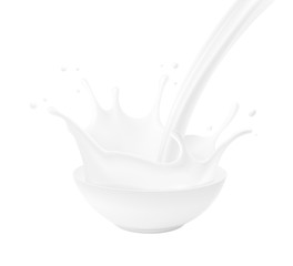 Bowl with milk splashes and drops isolated on white background. Vector illustration. Can be use for your design. EPS10.