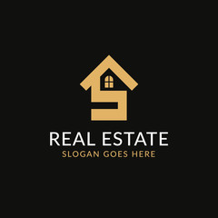 Creative real estate S letter logo design. House, Property development, construction and building icon template. Isolated in dark background with gold color. Minimalist home vector in eps 10.