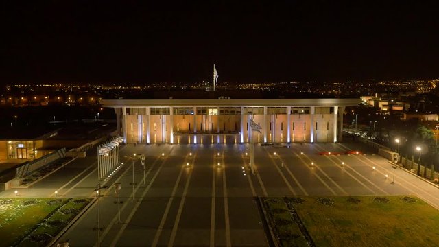 The Knesset Building in Jerusalem, Aerial view of Israel National Legislature Parliament Government at night