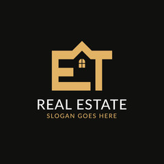 Creative real estate ET letter logo design. House, Property development, construction and building icon template. Isolated in dark background with gold color. Minimalist home vector in eps 10.