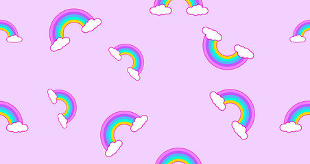 Seamless pattern rainbow and clouds kawaii wallpaper background. Abstract cute pastel colors funny faces cartoon. Concept for children and kindergartens or presentation and christmas day