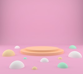 3d rendering studio with geometric shapes, podium on the floor. Platforms for product presentation, mock up background.