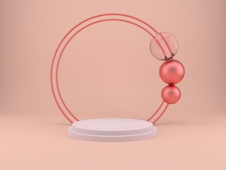 3d rendering studio with geometric shapes, podium on the floor. Platforms for product presentation, mock up background.