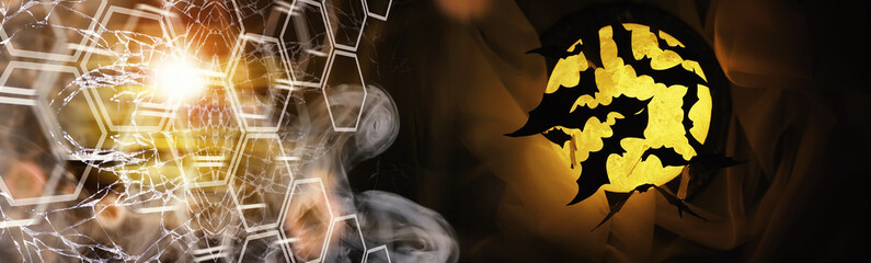 Black silhouettes of bats on a background of the moon. Halloween concept. Scary background. Frightening abstract objects for Halloween.