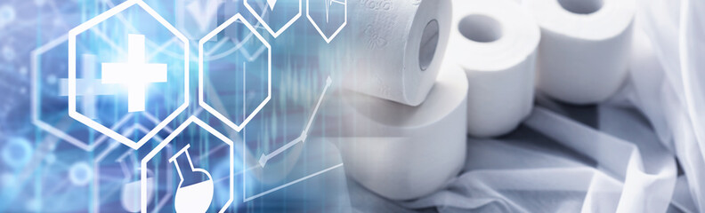 Toilet paper in a roll. Snow-white soft three-layer toilet paper. Lack of hygiene products. Primary protection and disinfection.