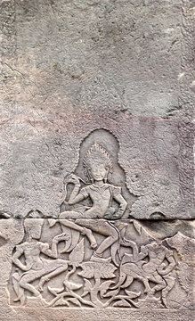 Wall carving with dancer apsara, Angkor Wat, Siem Reap, Cambodia